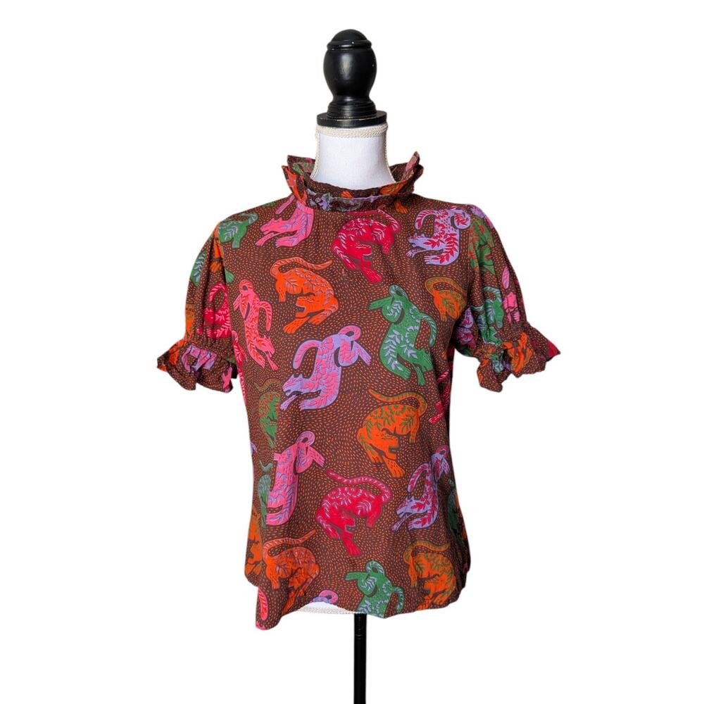 Fox & Hen Brown Dot Animal Print Ruffle Neck Short Sleeve Blouse Size Small